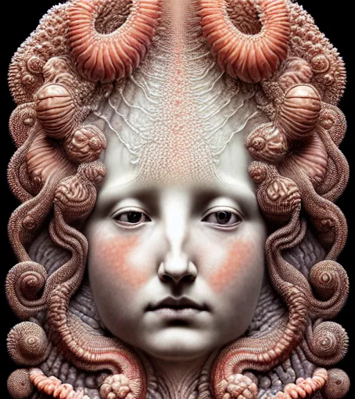 Image similar to detailed realistic beautiful coral goddess face portrait by jean delville, gustave dore, iris van herpen and marco mazzoni, art forms of nature by ernst haeckel, art nouveau, symbolist, visionary, gothic, neo - gothic, pre - raphaelite, fractal lace, intricate alien botanicals, ai biodiversity, surreality, hyperdetailed ultrasharp octane render