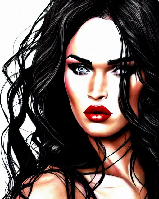 Image similar to closeup portrait beautiful seductive megan fox with long windblown hair in a black party dress, red lipstick, glamour pose, detailed illustration, digital art, trending on artstation, arney freytag, frank miller, moebius, graffiti, gta 5,