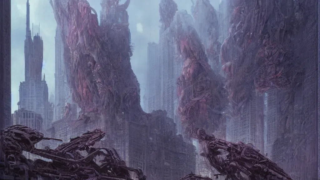 Prompt: there is a monster problem in Chicago, by Wayne Barlowe and Alan Bean and Bekzinski and Beeple