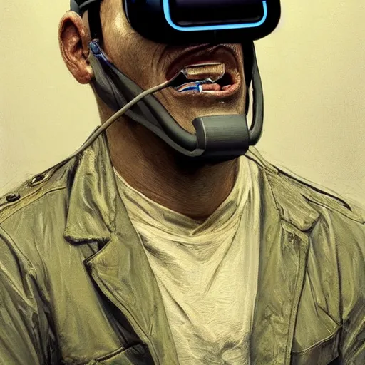 Image similar to Portrait of a man by Greg Rutkowski, symmetrical face, a marine with a helmet, using a VR Headset, Kubric Stare, with a cigarete in his mouth, crooked smile, he's wearing a tacitcal gear, highly detailed portrait, scifi, digital painting, artstation, book cover, cyberpunk, concept art, smooth, sharp foccus ilustration, Artstation HQ