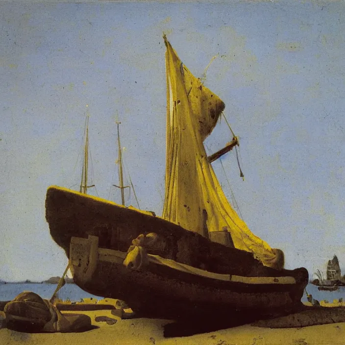 Image similar to johannes vermeer, a small old ship