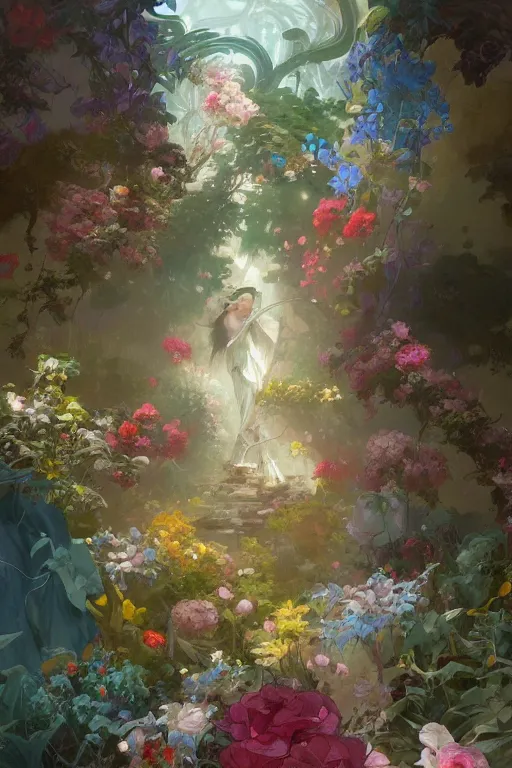 Prompt: a beautifull painting of a garden with flowers, internse colors, hyper detailed, artstation, concept art, by peter mohrbacher, by wlop, by ruan jia, by alphonse mucha