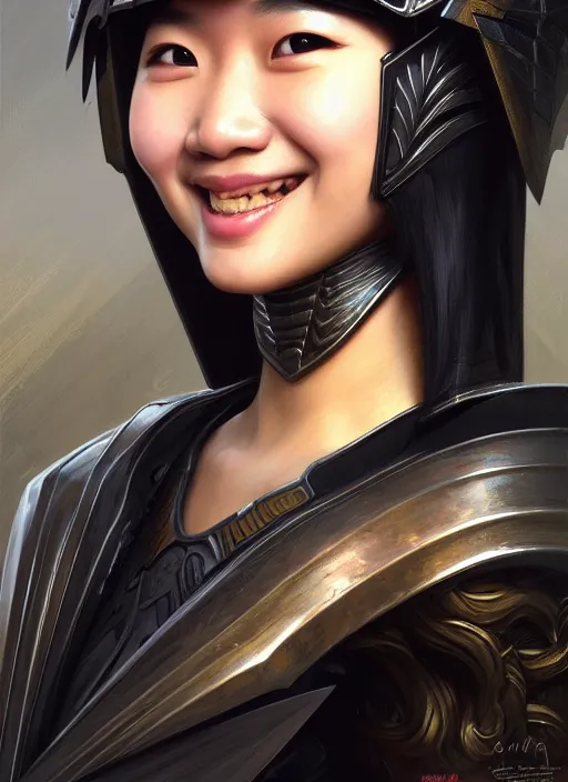 Prompt: Close-up portrait of smiling young asian woman wearing a winged helmet and a dark black armor black, close-up portrait, highly detailed, digital painting, artstation, concept art, sharp focus, illustration, art by artgerm and greg rutkowski and alphonse mucha