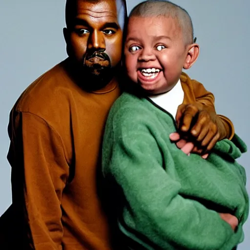 Image similar to kanye west smiling and holding yoda for a 1 9 9 0 s sitcom tv show, studio photograph, portrait