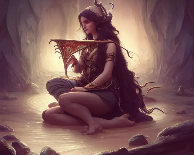 Image similar to photography of a dark long haired elve playing harp, deep focus, d & d, fantasy, intricate, elegant, highly detailed, digital painting, artstation, concept art, matte, sharp focus, illustration, hearthstone, art by artgerm and greg rutkowski and alphonse mucha