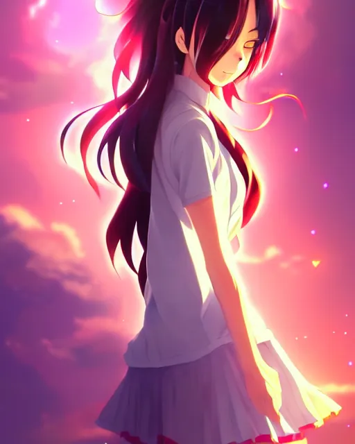 Prompt: anime style, vivid, expressive, full body, 4 k, painting, a cute magical girl with a long wavy black hair, side shot, stunning, realistic light and shadow effects, centered, simple background, studio ghibly makoto shinkai yuji yamaguchi