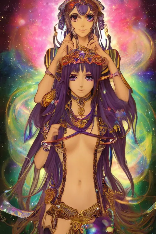 Prompt: psychedelic, intricate, highly detailed, anime, 4k, beautiful seductive lucina from fire emblem holding a crystal containing the universe, with professional makeup, long trippy hair, surrounded by gems, underneath the stars, trending on patreon, deviantart, twitter, artstation, volumetric lighting, heavy contrast, by artgerm and Ilya Kuvshinov and alphonse mucha