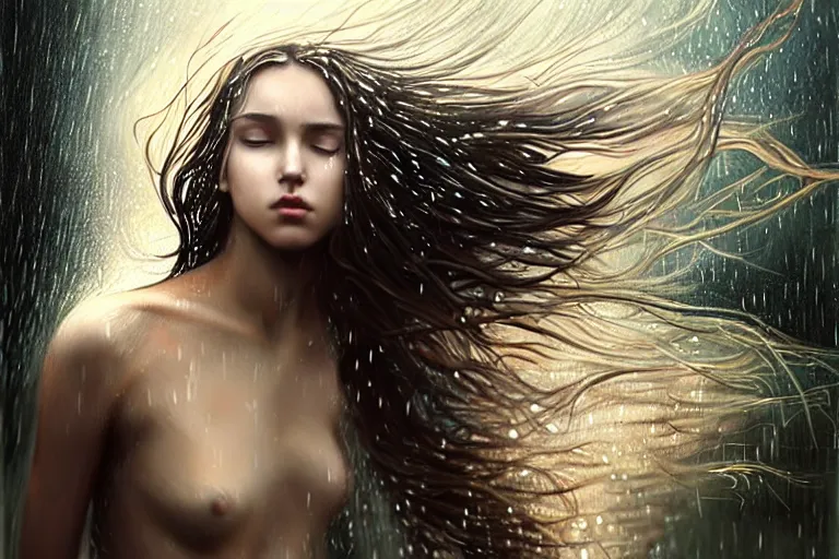 Image similar to girl flying freely in rain with wet hair and face, flowing hair, fantasy, captivating dynamic facial expression, intricate, elegant, dramatic lighting, emotionally evoking symbolic metaphor, highly detailed, lifelike, photorealistic, digital painting, artstation, concept art, smooth, sharp focus, illustration, art by John Collier and Albert Aublet and Krenz Cushart and Artem Demura and Alphonse Mucha