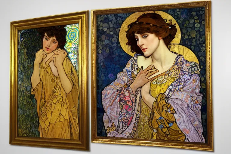 Image similar to the annunciation oil painting cross between the styles of alphonse mucha and gustav klimt gold leaf, intricate detailed,