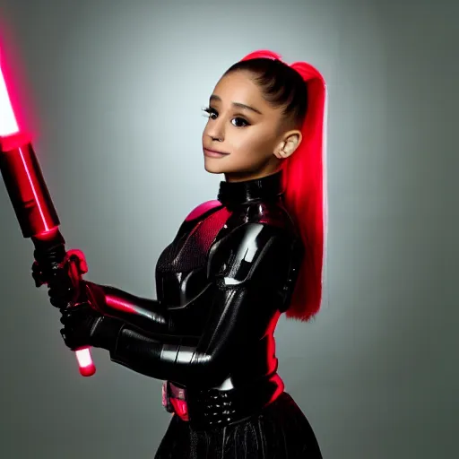 Image similar to Ariana Grande as Darth Vader, studio lighting, cinematic, red lightsaber, glowing, cute