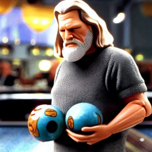 Image similar to The Dude Jeff Bridges holding bowling ball as a Funko Pop