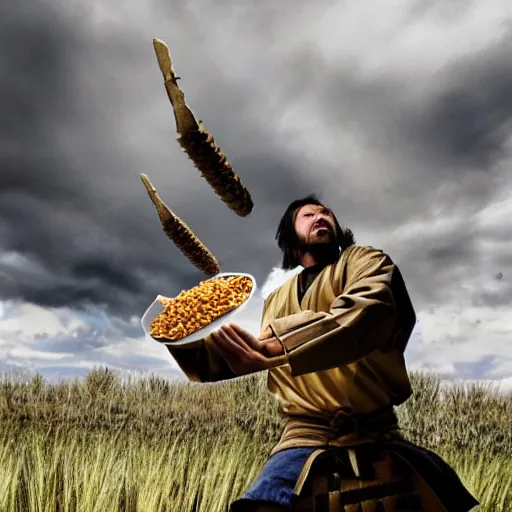 Image similar to battle-weary samurai eating king wheat cereal as missiles fly overhead