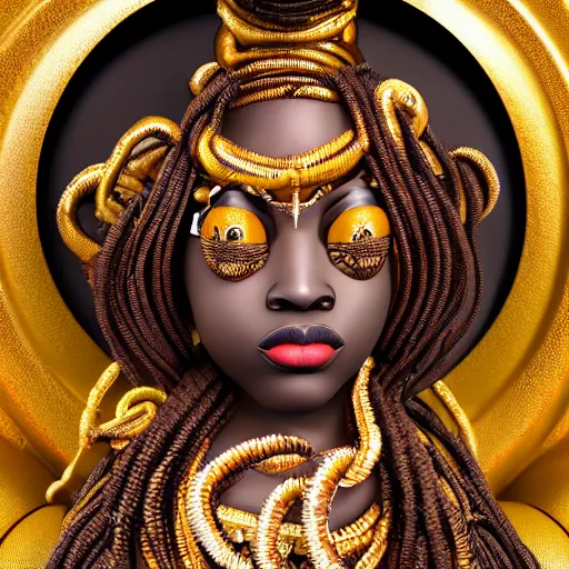 Image similar to elegba eshu the yoruba god with cowrie shells for eyes writing a poem, insanely detailed and intricate, golden ratio, hypermaximalist, elegant, ornate, luxury, elite, James jean, Brian froud, ross tran, realistic 3D, hyper realistic, super detailed, realistic octane render, 8K, fashion photogra