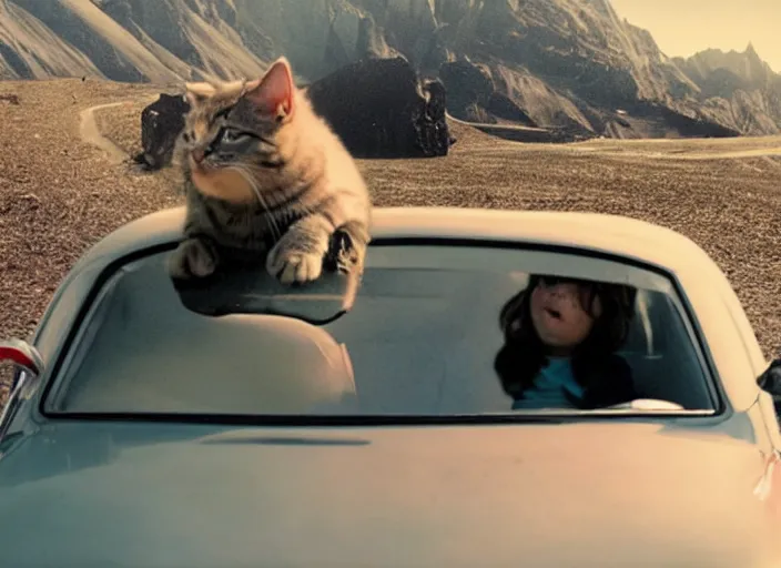 Image similar to A very high resolution image from a new movie, a cat driving a car around, inside of a car , mountains, Polaroid, directed by wes anderson