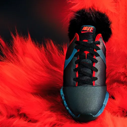 Prompt: nike model shoe made of very fluffy red and black faux fur placed on reflective surface, spiderman colors professional advertising, overhead lighting, heavy detail, realistic by nate vanhook, mark miner