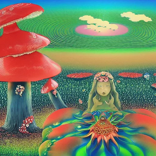 Image similar to a japanese psychedelic love goddess, a sense of awe, offering mushrooms, illustration, slime, amanita - muscaria, elegant, hyper realistic, super detailed, by tadanori yokoo