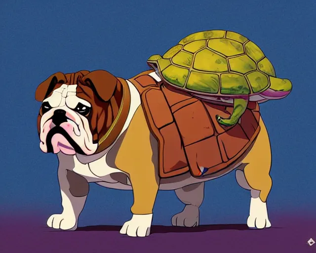 Prompt: cell shaded cartoon of a realistic bulldog with a turtle shell, concept art by josan gonzales and wlop, by james jean, victo ngai, david rubin, mike mignola, deviantart, art by artgem