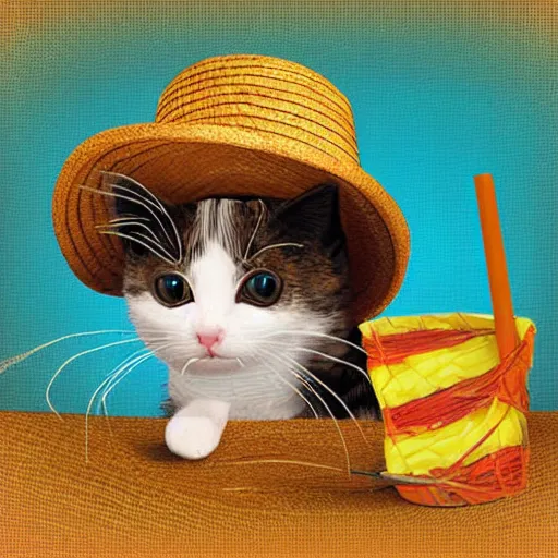 Image similar to cute cat with a straw hat and a pitchfork digital art