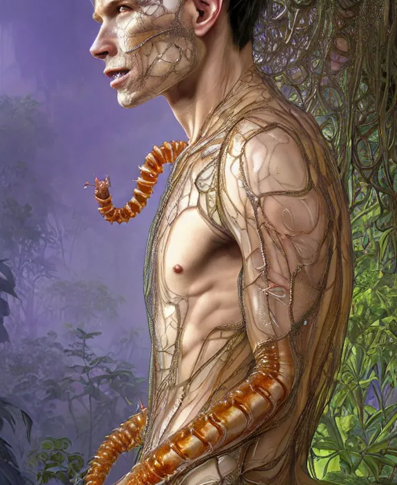 Image similar to intricate ornate opulent transparent clear see - through portrait of a terrifying beautiful skinny male alien centipede, mottled coloring, adorable, childlike, overgrown jungle environment, ultra realistic, concept art, art nouveau, photorealistic, octane render, 8 k, unreal engine. art by christopher marley and artgerm and greg rutkowski and alphonse mucha