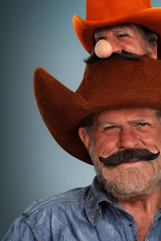 Prompt: hd photograph of cowboy sherrif resembling yosemite sam with huge hat, huge mustache, orange colors