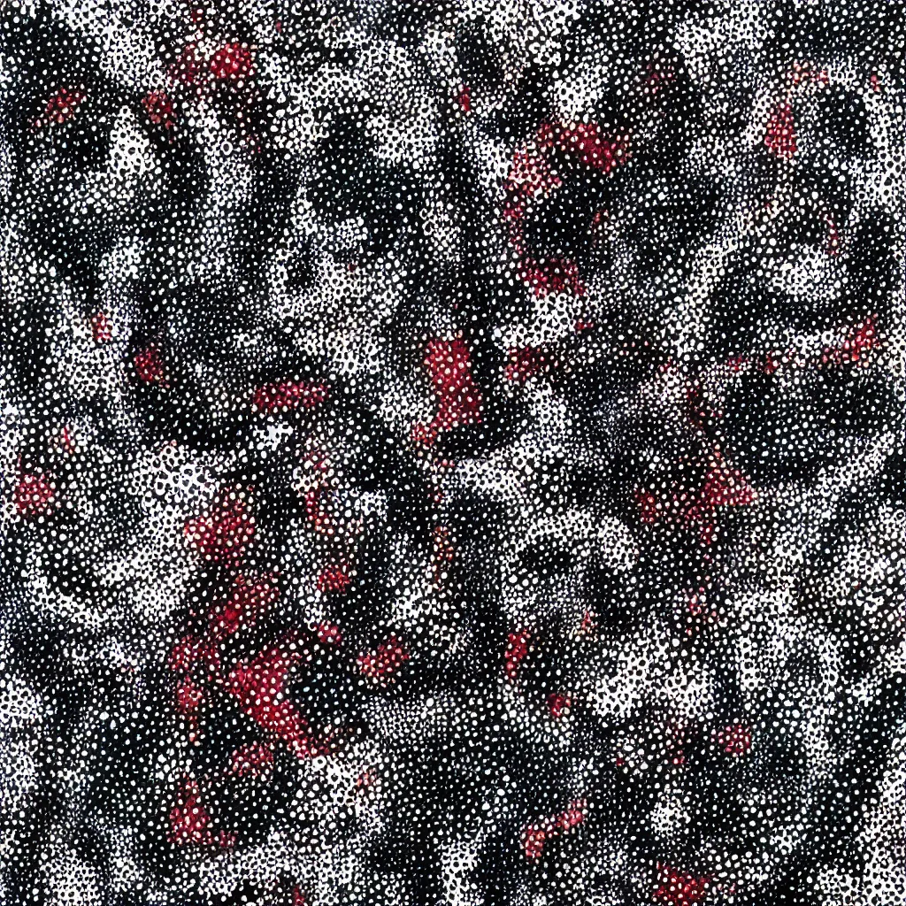 Image similar to camo made of teeth, smiling, abstract, rei kawakubo artwork, cryptic, dots, stipple, lines, splotch, color tearing, pitch bending, color splotches, hearts, dark, ominous, eerie, minimal, points, technical, old painting