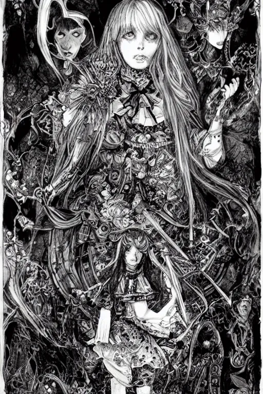 Image similar to Gothic Alice in wonderland tarot card , pen and ink, intricate line drawings, by Yoshitaka Amano, Ruan Jia, Kentaro Miura, Artgerm, watercolor