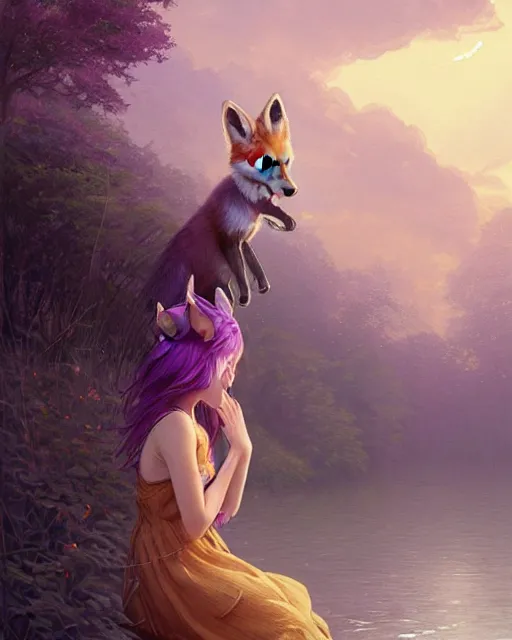 Image similar to a girl with fox ears and purple hair wearing a simple sundress, this fox girl has a pronounced snout and two pointed black ears, beautiful lake background, illustration by greg rutkowski, thomas kindkade, loish, artstation, furaffinity, deviantart