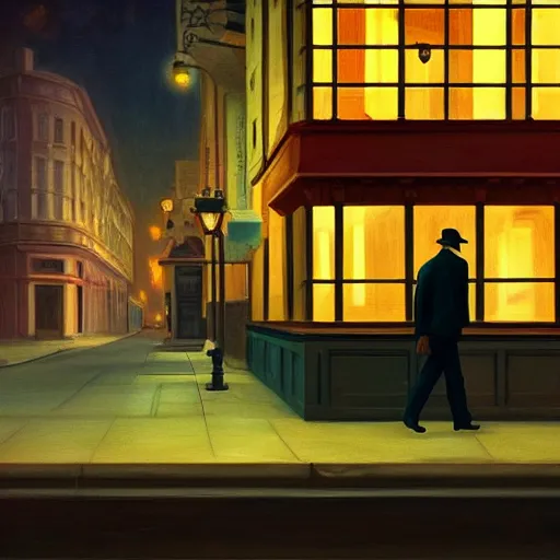 Prompt: a lonely street of a steampunk city at night, only one sad man walking down the street, in the style of Edward hopper, 4k,