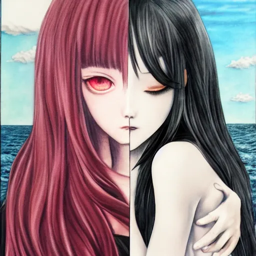 Image similar to young vampire and her black cat Portrait by Miho Hirano, full body ,manga, realistic, detailed, white, light pink tonalities, beautiful collage technique including clouds, sea, wind, ornate sea background, beautiful Fantasy detailed trending on artstation, oil painting,Dramatic lighting, eterea , high quality print, fine art with subtle redshift rendering