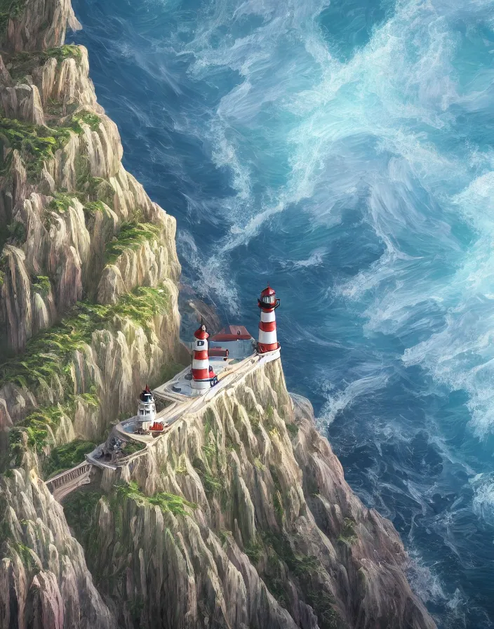 Image similar to fantasy painting of a lighthouse on the edge of a cliff overseeing a vast ocean, complex, detailed, intricate abstract. delicate artwork. by Tooth Wu, wlop, beeple, dan mumford. octane render, trending on artstation, greg rutkowski very coherent symmetrical artwork. cinematic, hyper realism, high detail, octane render, 8k, depth of field, bokeh. chrome accents.