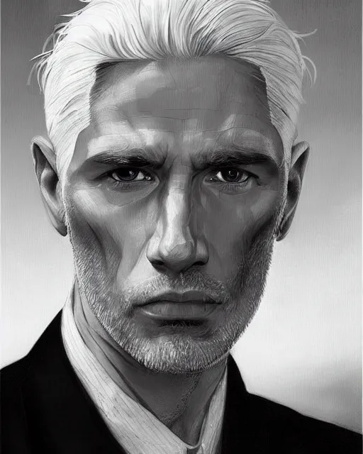 Prompt: portrait of 4 0 - year - old man with white hair with a pale complexion, pointed face and grey eyes, clear smooth face, no beard, wearing black suit and black shirt, haughty facial expression, hyper realistic face, beautiful eyes, close up, fantasy art, in the style of greg rutkowski, intricate, alphonse mucha, hyper detailed, smooth