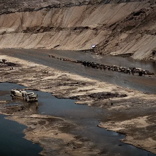 Prompt: city, dried up river, fire, boats in mad max fury road style, riding on the dried up river