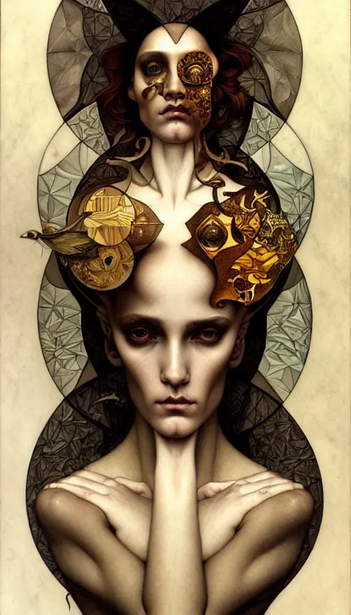 Image similar to M. C. Escher looking puzzled painted by tom bagshaw, mobius, mucha M. C. Escher, gold paint, ink, gnarly details