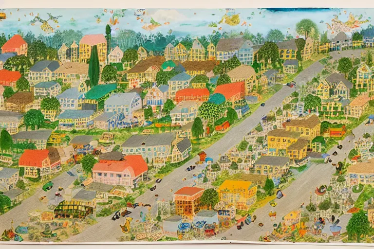 Image similar to an elaborate and dense painting of a peaceful neighborhood, detailed, made of alcohol ink on parchment and penned illustrations, by richard scarry and bosch