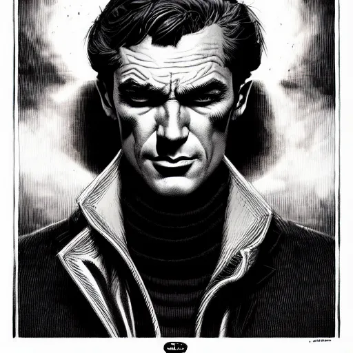 Image similar to male spy portrait dark dramatic light, by killian eng and joe fenton and bernie wrightson and conrad roset, inspired by james bond, etching, fine, sharp high detail,