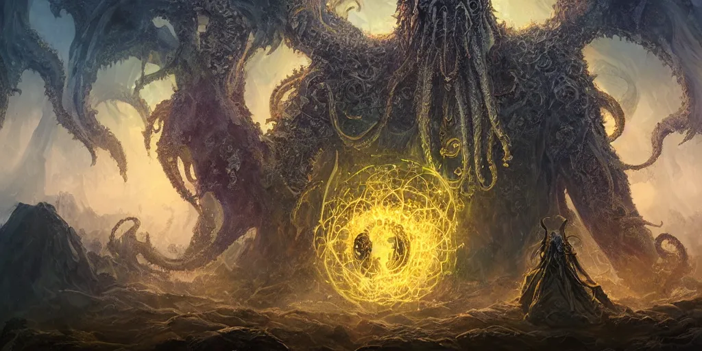 Image similar to portrait of necromancer priest in an invoking ritual in front of a giant cthulhu in a large landscape, intricate, elegant, glowing lights, highly detailed, digital painting, concept art, smooth, sharp focus, illustration, wide - angle portrait, atmospheric lighting, rich deep colors masterpiece, fractal crystals