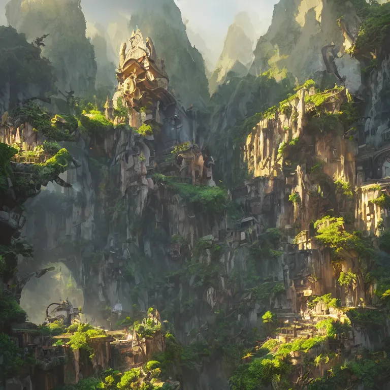Image similar to secret overwatch headquarters carved inside a mountain surrounding a lush garden, trimmed, magical, natural light, fantasy, architecture, sharp focus, concept art, by greg rutkowski and craig mullins, atmospheric, octane render