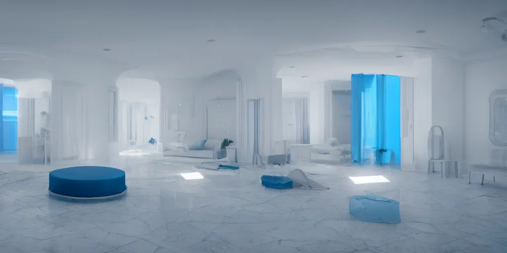 Prompt: modern interior with soft white walls and blue transparent water, liminal space. glimmer, nostalgia, cinematic lighting, soft color palette, after effects, lightroom, cgsociety, artstation