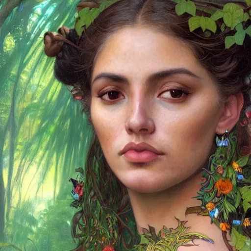 Prompt: face portrait of a beautiful alluring female aztec queen in a dense jungle at sunset, detailed, centered, digital painting, artstation, concept art, donato giancola, Dante Gabriel Rossetti, alphonse mucha, Joseph Farquharson, Joseph Christian Leyendecker, WLOP, Boris Vallejo, Breathtaking, 8k resolution, extremely detailed, beautiful, establishing shot, artistic, hyperrealistic, beautiful face, octane render