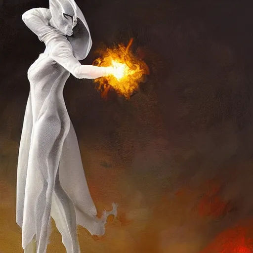 Image similar to Artwork by Craig Mullins, human size mantis mage in white cape casting fireball using a long magic stuff.