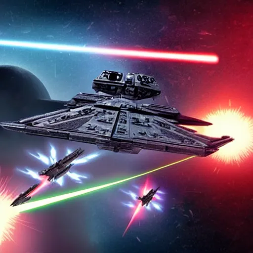 Prompt: Battle between an Imperial Star Destroyer and X-Wing fighters shooting lasers at eachother, the battle takes place inside the atmosphere of a planet