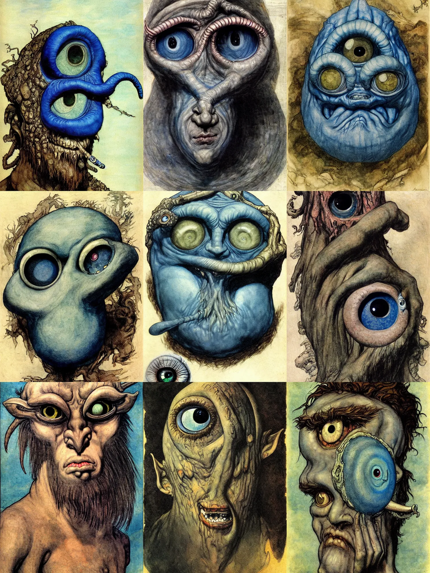 Prompt: one-eyed single-eyed blue-skinned Polyphemus Cyclops concept art with one huge eye. Extremely high detail, details, realistic, fantasy art, solo, masterpiece, full-face portrait, saturated colors, art by Arthur Rackham, Muzinabu, Johann Tischbein