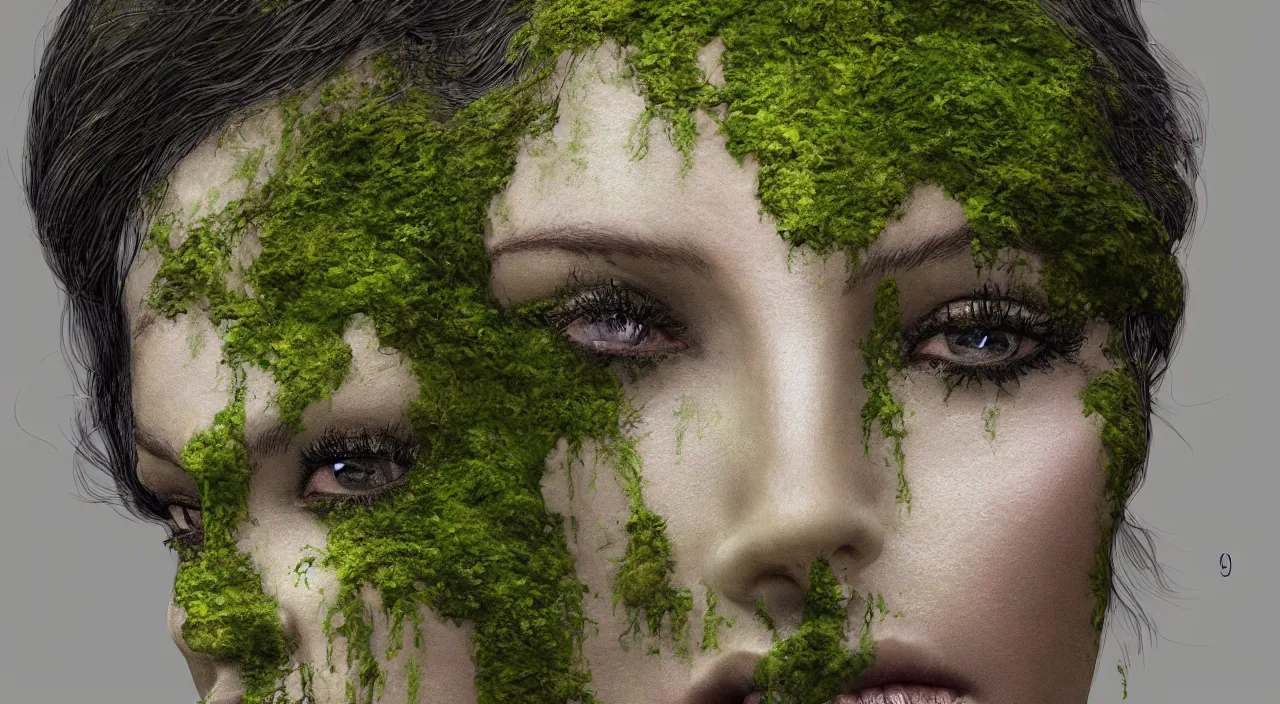 Prompt: Portrait of a moss-covered older Gaia goddess shedding a single tear, highly-detailed, elegant, dramatic lighting, artstation, 4k