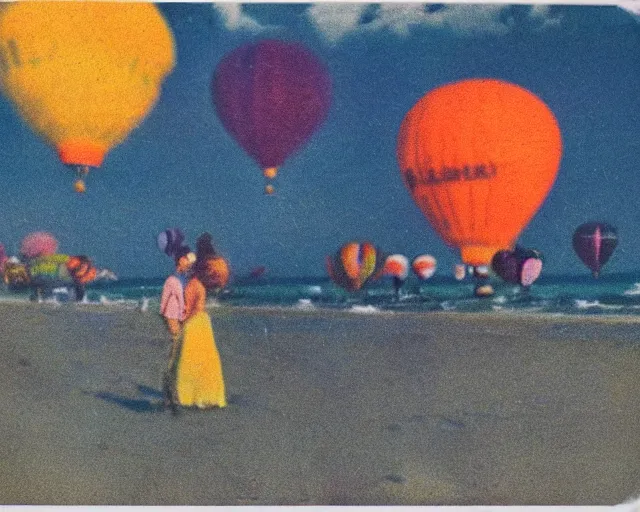 Prompt: a couple walks on the beach, thousands of multicolored hot air balloons floats over the beach at violet and yellow sunset, whimsical and psychedelic art style, 1 9 6 0 s, polaroid photo, grainy, expired film, glitched