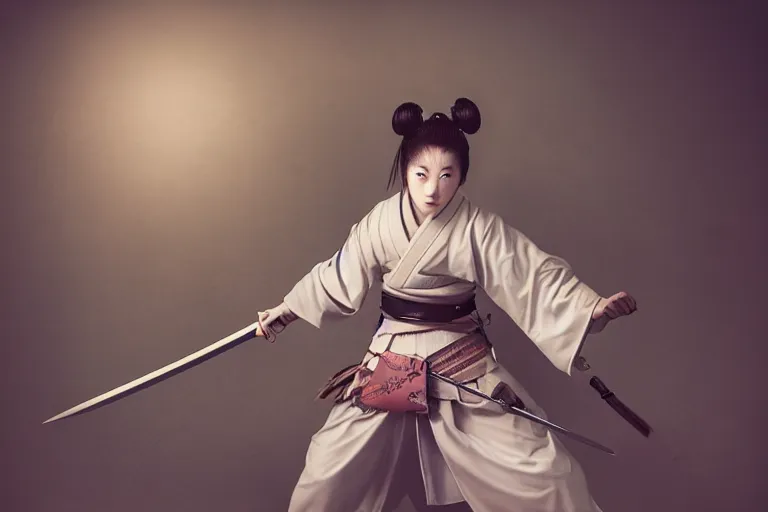 Image similar to beautiful photo of a young female samurai, practising sword stances, symmetrical face, beautiful eyes, huge oversized anime style sword, highly detailed, 8 k, award winning photo, muted pastels, action photography, 1 / 1 2 5 shutter speed, dramatic lighting