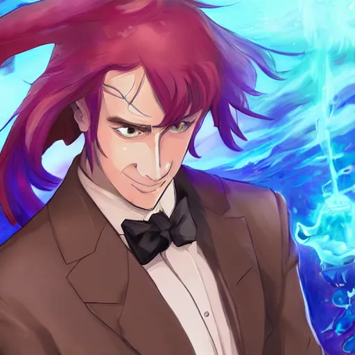 Image similar to portrait of saul goodman wielding the element of poison magecraft, water, anime fantasy illustration by tomoyuki yamasaki, kyoto studio, madhouse, ufotable, trending on artstation