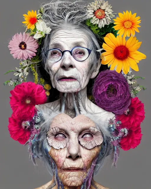 Image similar to a portrait of a beautiful fleshy old woman who is surprised she is still alive, covered in flowers in the style of guiseppe arcimboldo and james jean, covered in wispy gray hair with a hint of neon, mixed media, decollage, hd 3 d, 8 k