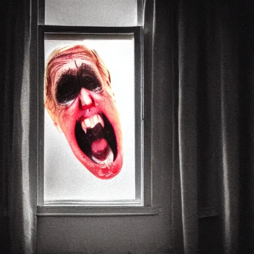 Image similar to photo of the inside of a dark old rainy bedroom window at night with the curtains pulled back, dimly lit creepy | screaming face of donald trump staring in and pressing his bloody face and hands against the window, horror, scary face, demonic face,