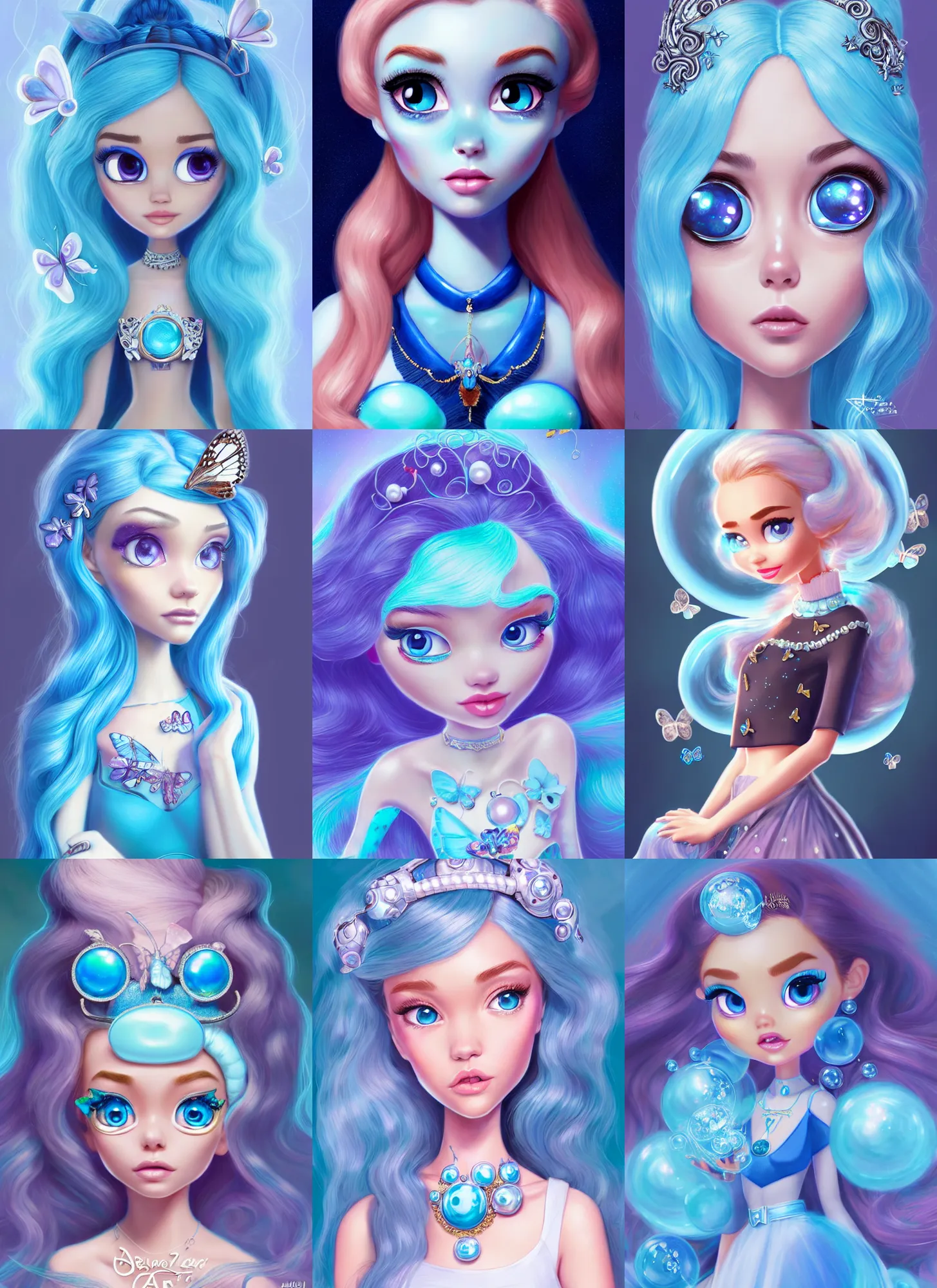 Prompt: pixar portrait, beautiful porcelain sky blue bubbles powerpuff girl pearl, madison beer, butterfly jewelry, sci - fi, fantasy, intricate, elegant, highly detailed, digital painting, ever after high, octane render, artstation, concept art, smooth, sharp focus, illustration, art by artgerm, loish, wlop