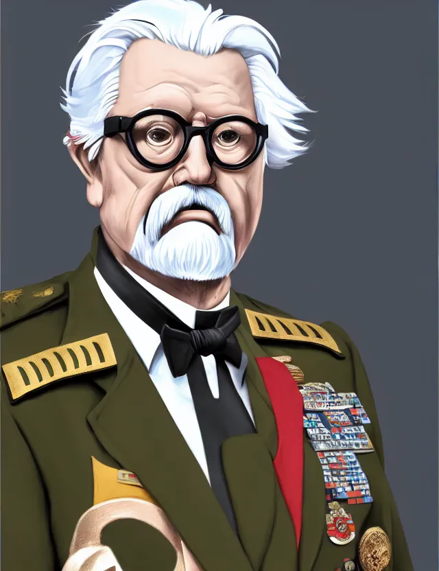 Image similar to a portrait of colonel sanders as a military dictator, by moebius and tyler edlin and hr giger, trending on artstation, digital art, 4 k resolution, detailed, high quality, sharp focus, hq artwork, coherent, insane detail, concept art